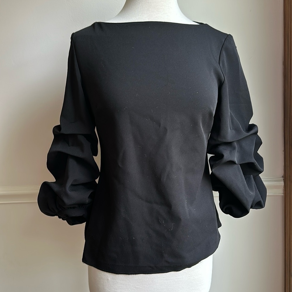 Alberto Makali Ruffle Balloon Sleeve Fitted Tunic Top Blouse Black Medium EUC